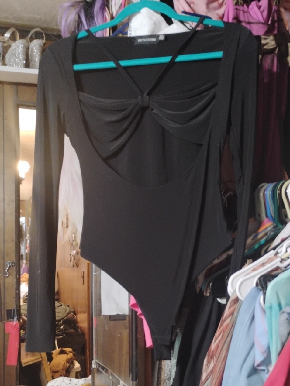 Black Long-Sleeve Scoop-Back Bodysuit Jumpsuit